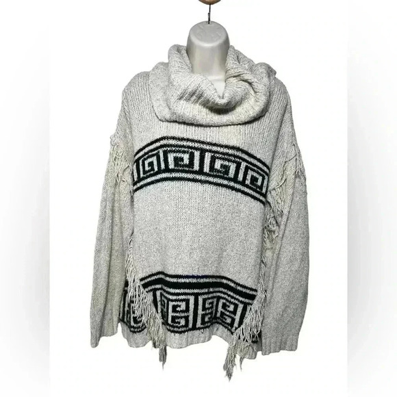 Kensie Boho Fringe Knit Cowl Neck Oversized Soft Comfy Chunky Cream Sweater M - Picture 2 of 11